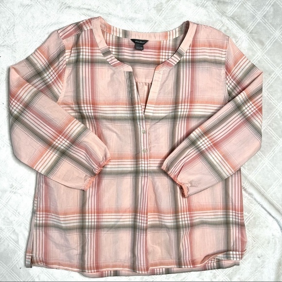 Eddie Bauer Pastel Pink Plaid V-Neck 3/4 Sleeve Blouse Top Shirt Size Medium - Picture 12 of 15